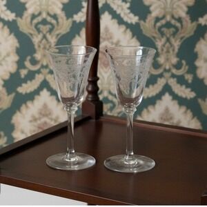 Bryce Glass Sherry‎ Glasses, Set of 2, Vintage Etched Ribbons & Flowers Cordials